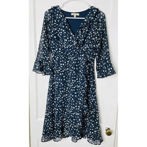 Pologram Faux Wrap Dress Womens Sz S Floral Blue Chiffon Boho Casual Bell Sleeve